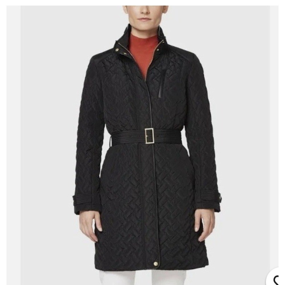 Cole Haan Quilted Jacket Womens Small Black Excellent Belted Funnel Neck Coat